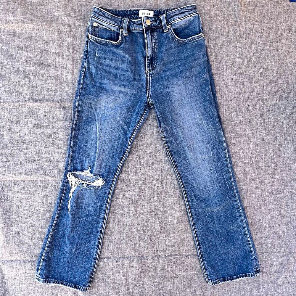 PISTOLA Womens Blue Medium Wash High Rise Straight Leg Distressed Denim Jeans